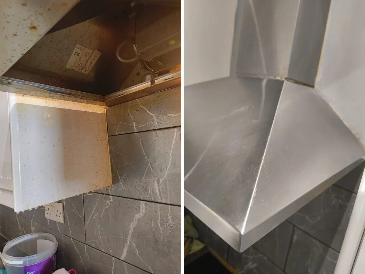 Before and after degreasing a kitchen extractor hood in London