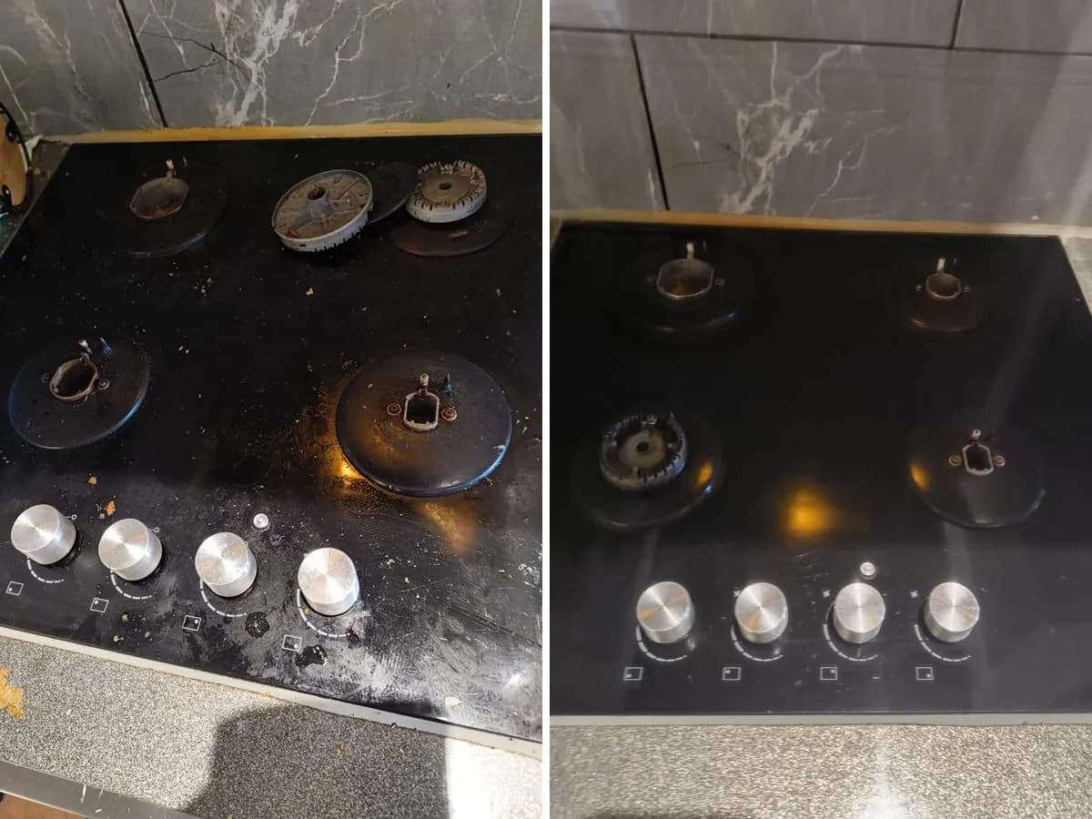 Before and after a gas hob deep clean by Bethel Property Care in London