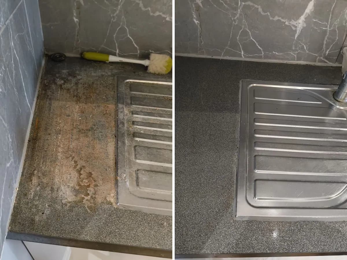 Before and after removing staining from a kitchen worktop and sink in London