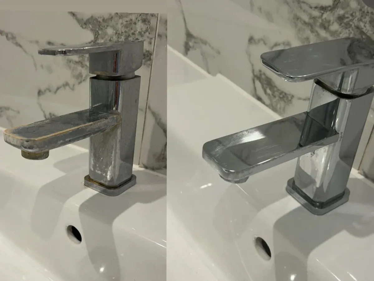 Before and after a Bethel deep clean: limescale stripped from a bathroom tap in London