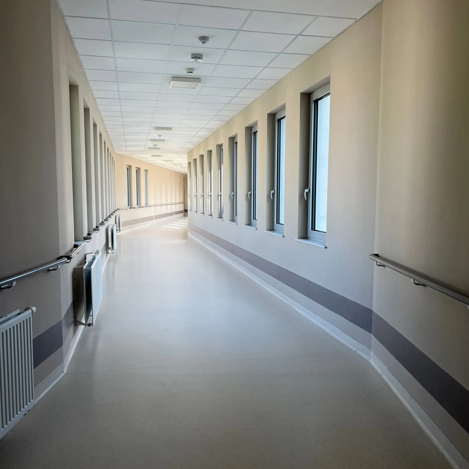 Bright, spotless healthcare facility corridor in London